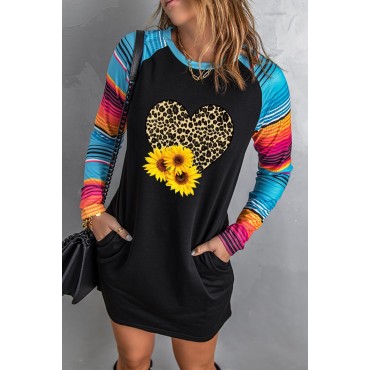 Sunflower Leopard Print Striped Long Sleeve Shift Mini Dress Sunflower Leopard Print Striped Long Sleeve Shift Mini Dress