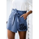 Sky Blue Palm Leaves Print Belted Paperbag Waist Denim Shorts