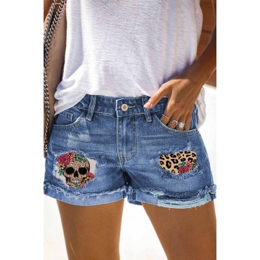Sky Blue Leopard Skull Floral Print Roll Up Distressed Denim Shorts Sky Blue Leopard Skull Floral Print Roll Up Distressed Denim Shorts