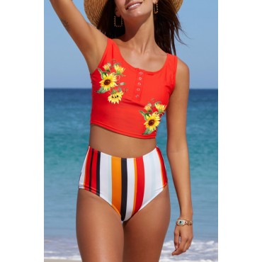 Sunflower Striped Print High Waist Tankini Swimwear Sunflower Striped Print High Waist Tankini Swimwear