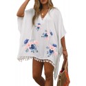 White Floral Print Fringe Trim Hooded Oversized Beach Cover Up
