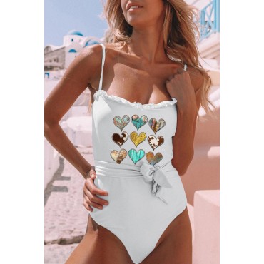 White Western Heart-shape Print Frilled Lace-up One-piece Swimwear White Western Heart-shape Print Frilled Lace-up One-piece Swimwear