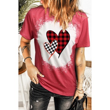 Valentine Plaid Heart Shaped Print Crew Neck Short Sleeve T-shirt Valentine Plaid Heart Shaped Print Crew Neck Short Sleeve T-shirt
